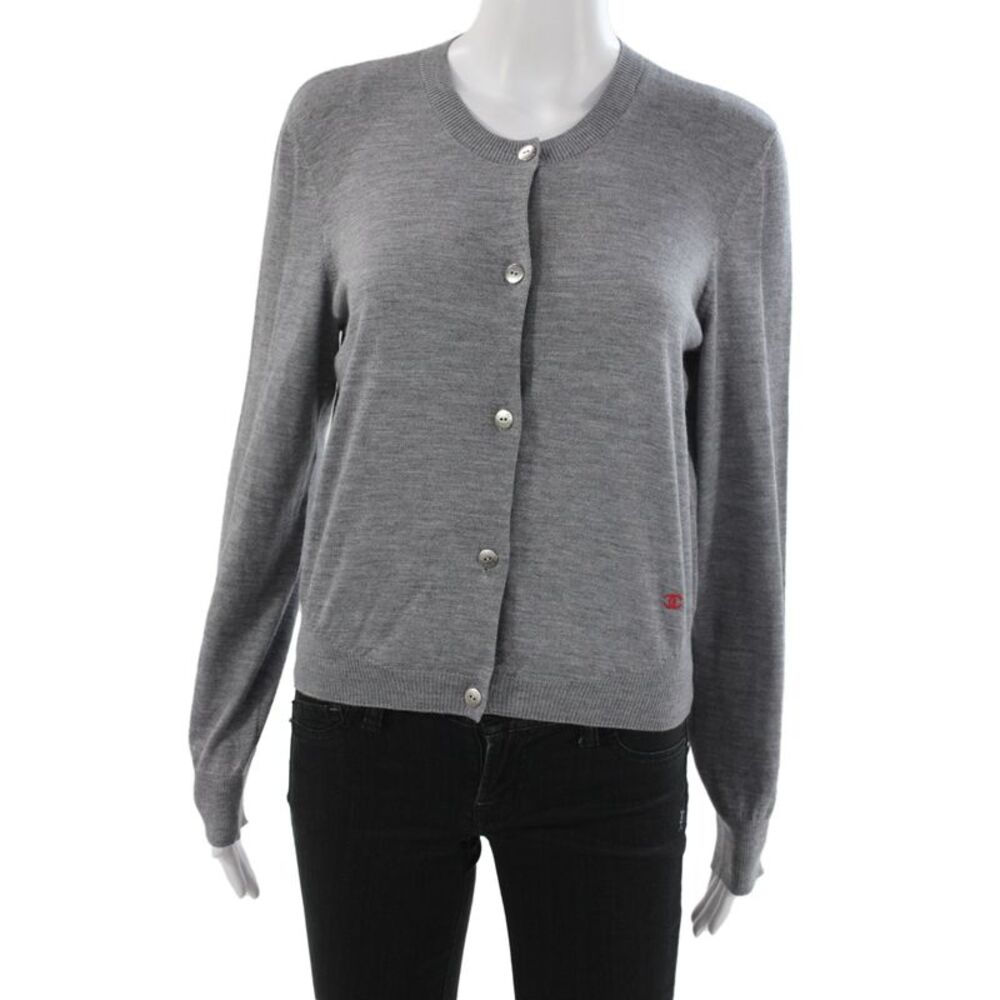 Chanel Unisex Cardigan Gray Cashmere Silk Blend Size 40